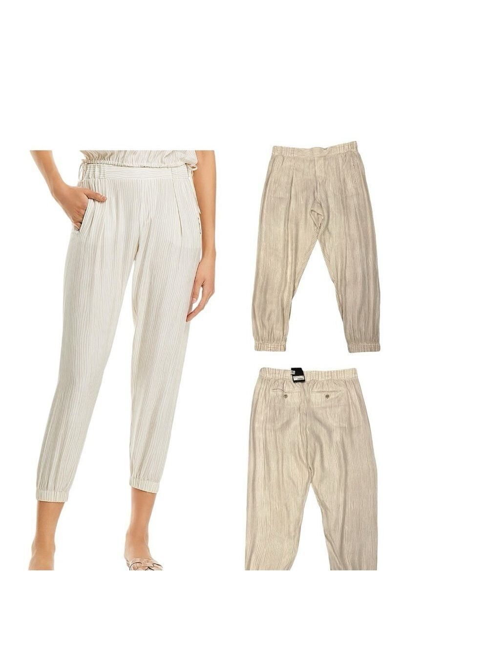 ATM Women's 100% Silk Charmeuse Beige Striped Jogger Pants Casual Size M